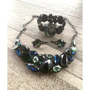 Lia Sophia Set Necklace Bracelet Earrings Black Tone Blue Green Acrylic